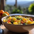 Fruit salad in a large ceramic serving bowl