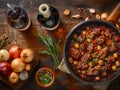 Hearty Homemade Beef Stew with Vegetables and Red Wine on Rustic Wooden Table Traditional Comfort Food Concept