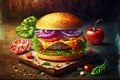 Hearty homemade burger melting in your mouth with flowing cheese and tomato and onion rings