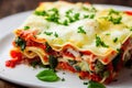 Hearty homemade tomato lasagna with vegetables and basil on white plate