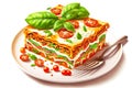 hearty homemade tomato lasagna with vegetables and basil on white plate