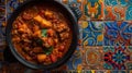 A hearty Mexican stew brims with succulent meat and tender potatoes in a rich, spiced sauce, presented in a traditional