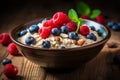 Hearty oatmeal bowl topped with fresh berries, nuts, and a drizzle of honey