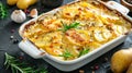 Hearty potato gratin with parmesan cheese, cream and delicious cured bacon from South Tyrol freshly served from the oven