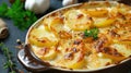 Hearty potato gratin with parmesan cheese, cream and delicious cured bacon from South Tyrol freshly served from the oven