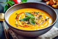 Hearty Pumpkin and Zucchini Cream Soup with Exquisite Garnish - Generative AI