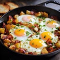 A hearty skillet breakfast featuring eggs, bacon, and potatoes, perfect for a fulfilling start to the day