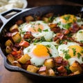 A hearty skillet breakfast featuring eggs, bacon, and potatoes, perfect for a fulfilling start to the day