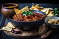 Hearty And Smoky Chili Con Carne With Crispy Tortilla Chips And Salsa