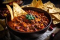 Hearty And Smoky Chili Con Carne With Crispy Tortilla Chips And Salsa