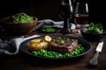 hearty steak and potatoes dinner with green peas, side of cornbread, and glass of red wine Royalty Free Stock Photo