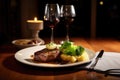 hearty steak and potatoes dinner with green peas, side of cornbread, and glass of red wine Royalty Free Stock Photo