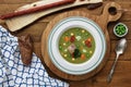 Hearty traditional Dutch pea soup with smoked sausage, rye bread and bacon. Or: `erwtensoep met rookworst, roggebrood en Royalty Free Stock Photo