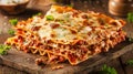 Hearty Traditional Lasagna on Rustic Wooden Background