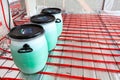 Heat carrier based on propylene glycol in plastic drums. Underfloor heating works Royalty Free Stock Photo