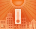 Hot day in the city with thermometer. Vector summer concept.