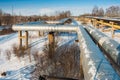 Heat insulation of hot water pipes and thermal main in winter Royalty Free Stock Photo