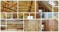 Heat isolation in new prefabricated house with mineral wool and wood. photo collage