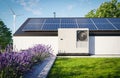 A heat pump with photovoltaic panels installed on the roof of a single-family house, along with a green roof covered in grass over Royalty Free Stock Photo