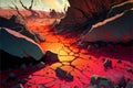 Heat red cracked ground texture, creative digital illustration painting, poetic scenery background