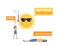 Heat Stroke Symptoms Concept. Female Characters Suffer of Sun Heat and Hot Weather with Strong Heartbeat or Red Hot Skin