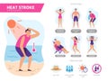 Heat stroke symptoms. Sunshock protection, protecting from summer overheating and sunny days beach tips vector infographics Royalty Free Stock Photo