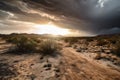 the heat of the sun beating down on a desert landscape, with storm clouds brewing in the distance Royalty Free Stock Photo