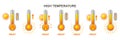 Heat thermometer. Extreme high hot temperature icon set. Warm weather, summer, overheating. Measuring tool with fire, sun. Vector Royalty Free Stock Photo