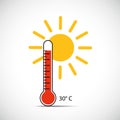 Heat thermometer icon 30 degrees summer weather with sunshine