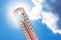 Heat, thermometer shows the temperature is hot in the sky, Summer Royalty Free Stock Photo