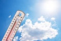 Heat, thermometer shows the temperature is hot in the sky, Summer Royalty Free Stock Photo