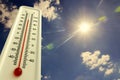 Heat, thermometer shows the temperature is hot in the sky, Summer Royalty Free Stock Photo