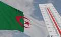 Heat wave in Algeria, Thermometer in front of flag Algeria and sky background, heatwave in Algeria, Danger extreme heat in Algeria Royalty Free Stock Photo