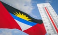 Heat wave in Antigua and Barbuda, Thermometer in front of flag Antigua and Barbuda and sky background, heatwave in Antigua and