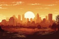 Heat wave over city with skyscrapers, bright setting sun. Global warming, urban heat island. Royalty Free Stock Photo
