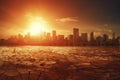 Heat wave over city with skyscrapers, bright setting sun. Global warming, urban heat island. Cracked earth. Royalty Free Stock Photo