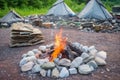 heated stones around a makeshift campsite