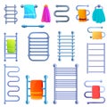 Heated towel rail icons set, cartoon style