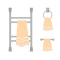 Heated towel rail set. Equipments with hand drawn towels for bathroom.