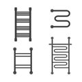 Heated towel rail set. Modern equipments for bathroom. Black metal towel racks.