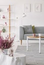 Heater in pot on the small wooden table in elegant scandinavian living room with grey couch and white lamp