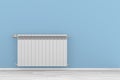 Heater thermostat and radiator in empty room. 3D illustration