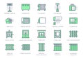 Heaters line icons. Vector illustration include icon - electric fireplace, pellet stove, thermostat, convector radiator