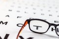 Heathcare-Sight test seen through eye glasses, white background isolated Royalty Free Stock Photo