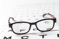 Heathcare-Sight test seen through eye glasses, white background isolated Royalty Free Stock Photo