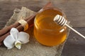 Heather honey and cinnamon on wooden table Royalty Free Stock Photo