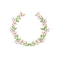 Heather, nasturtium and ruscus flower wreath. Green decorative ivy. Spring floral round frames. Creeper plant flat vector