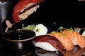 Seafood plate, green heathy food, grill, sushi,