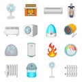 Heating cooling icons set, cartoon style