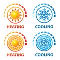 Heating and cooling temperature regulation, hot and cold indicator, sun and snow, climate control system, cooler, heater icon set